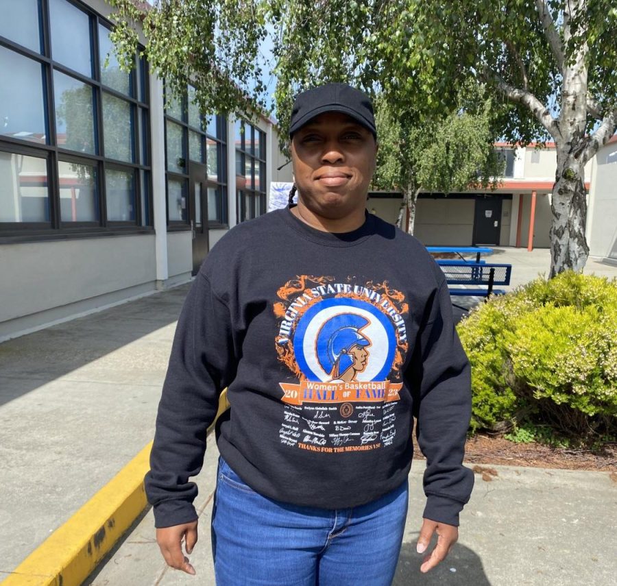 Coach Juanita Lyons displays her VSU Hall of Fame sweater.
