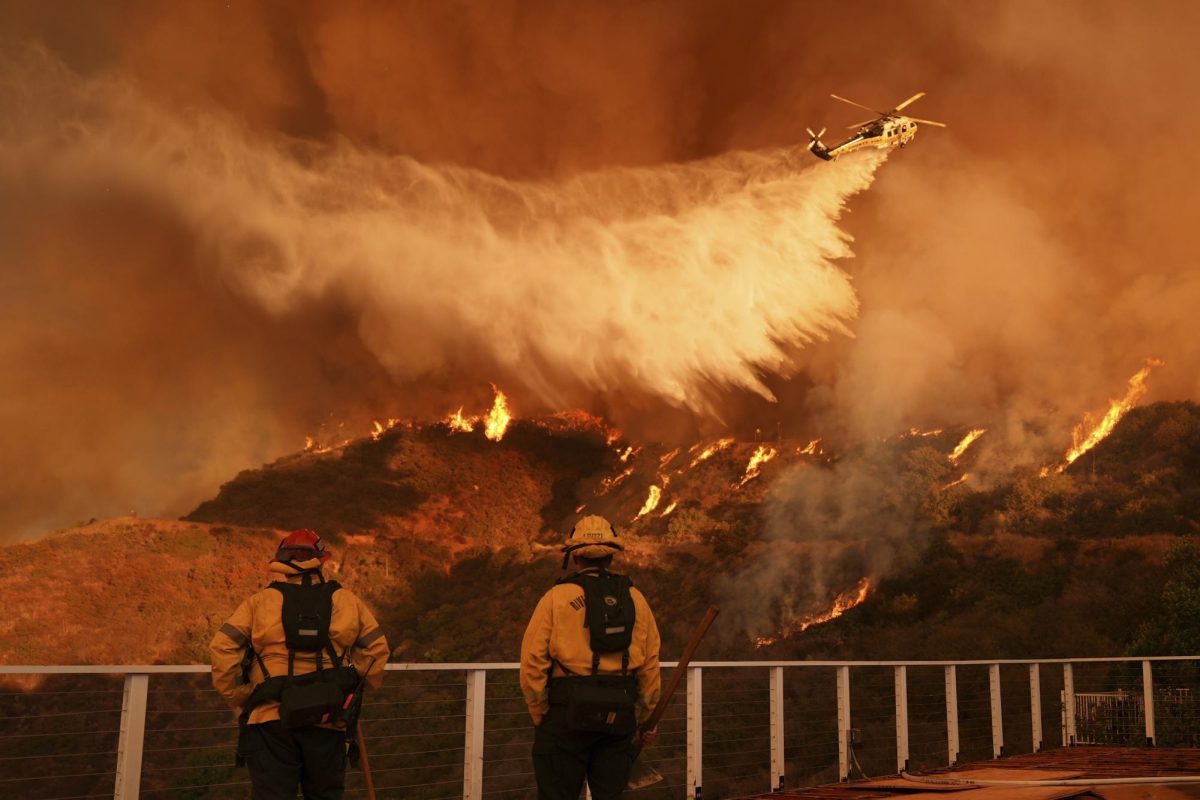 Firefighters watch as helicopters drop water on the recent Palisades Fire in Los Angeles. Photo - Associated Press