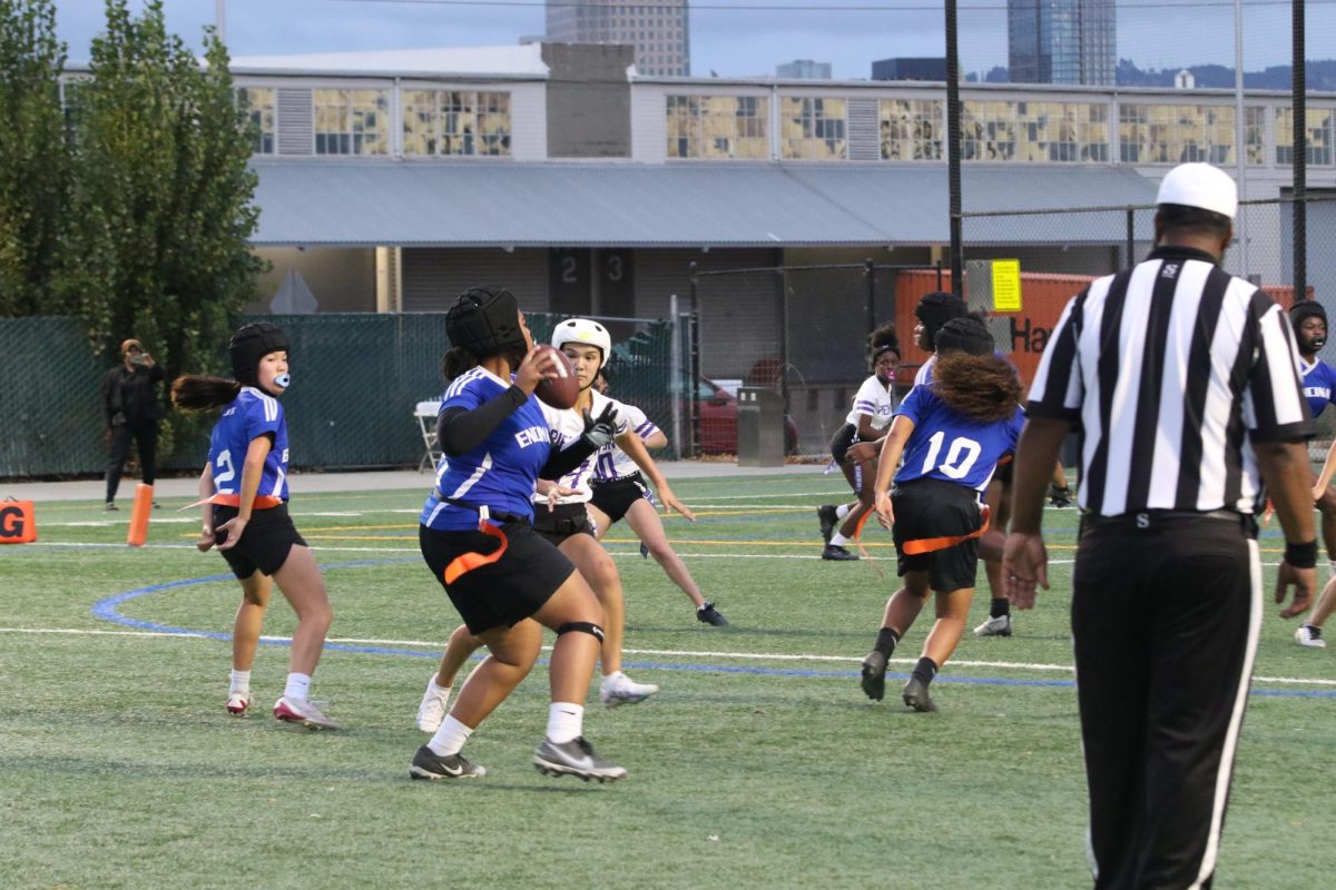 Freshman Leiloa Lyons prepares to pass on offense against Piedmont, September 30th, 2025.