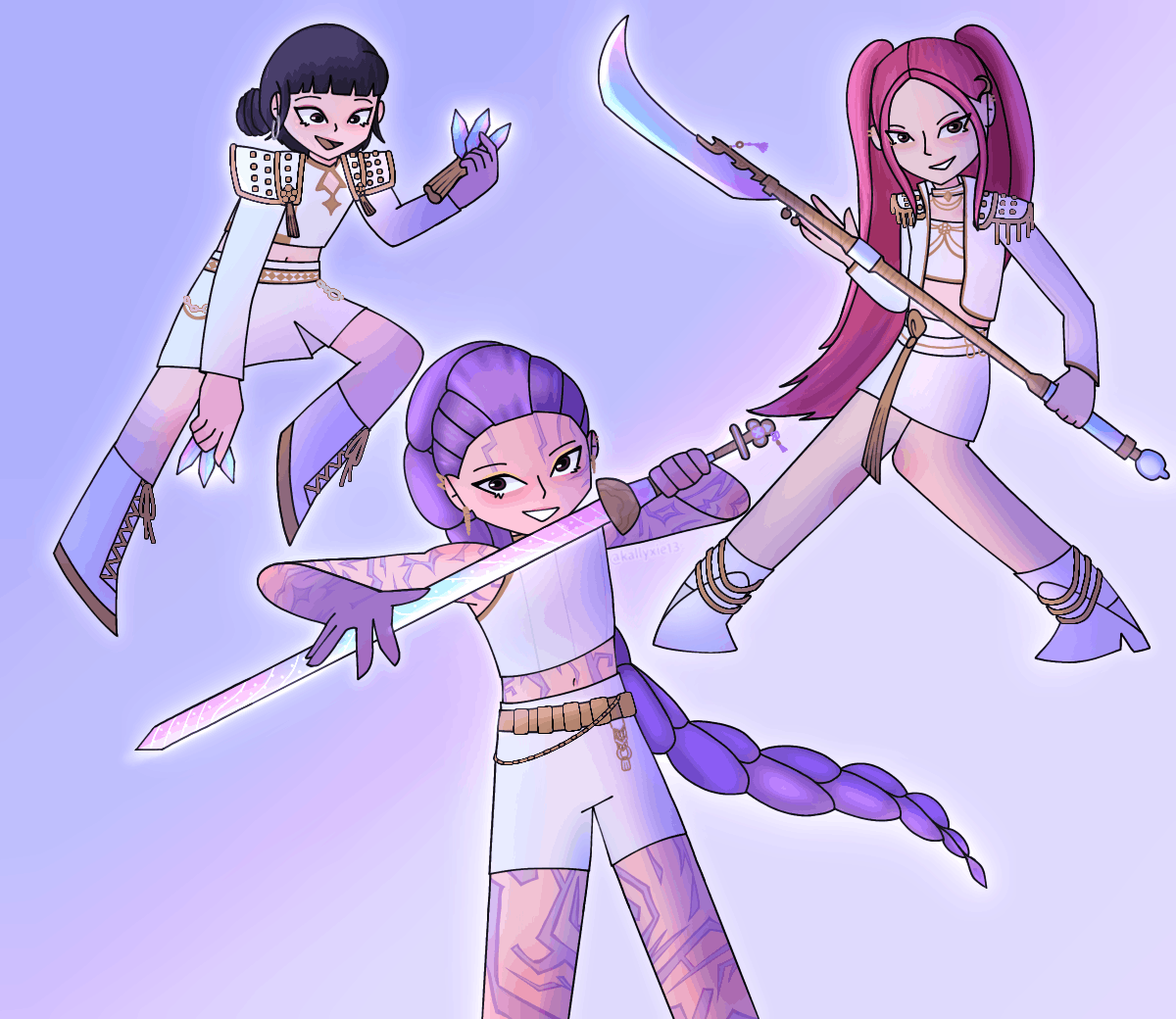 Drawing of Rumi, Zoey, and Mira from K-Pop Demon Hunters, made on Aug. 4, 2025.