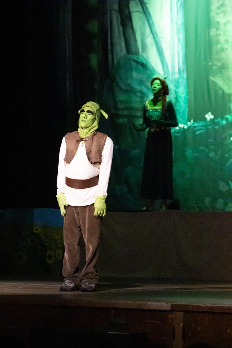 Colby Tong as Shrek stands in front as Claire Paano plays as Fiona behind on March 20, 2026.