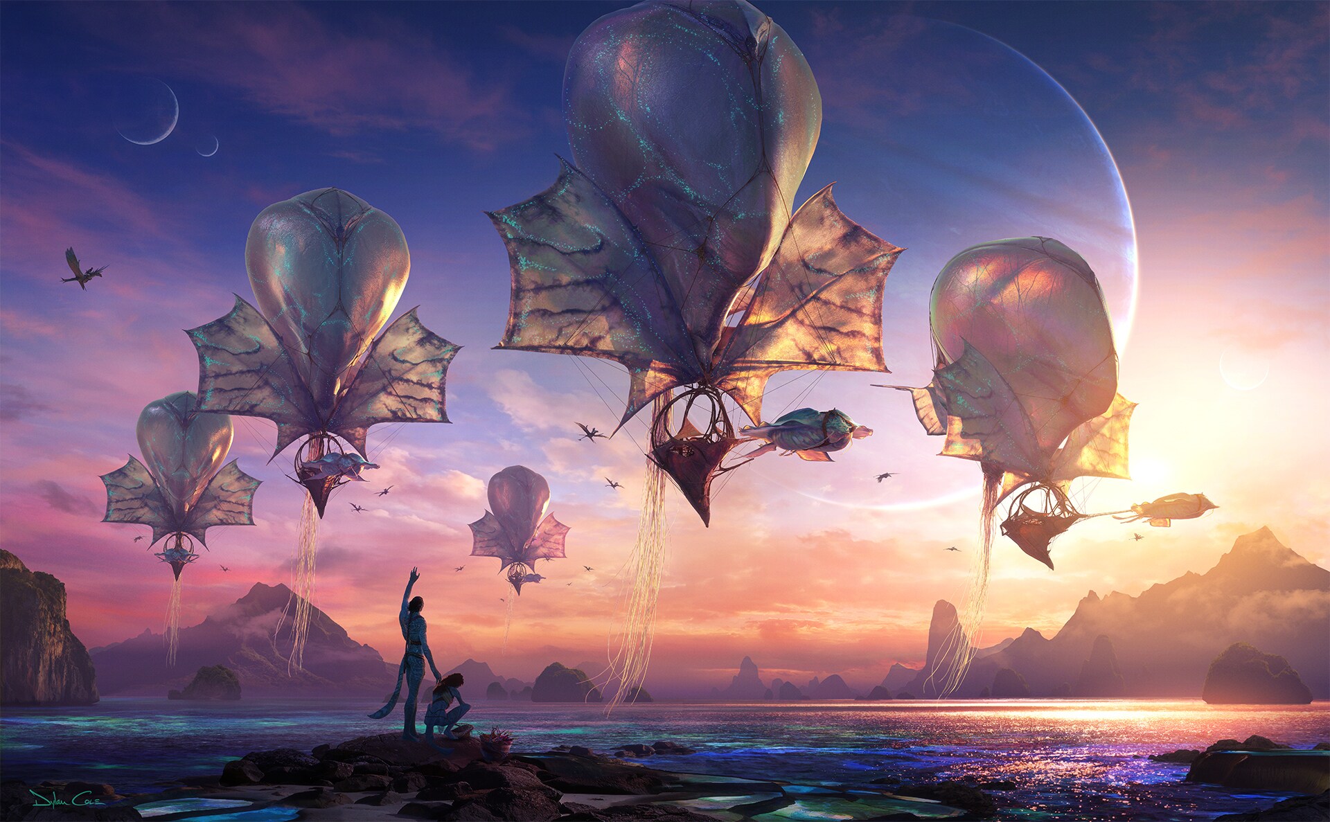 Concept art depicting Jake sully waving to air ships. (image: Dylan Cole Studio)