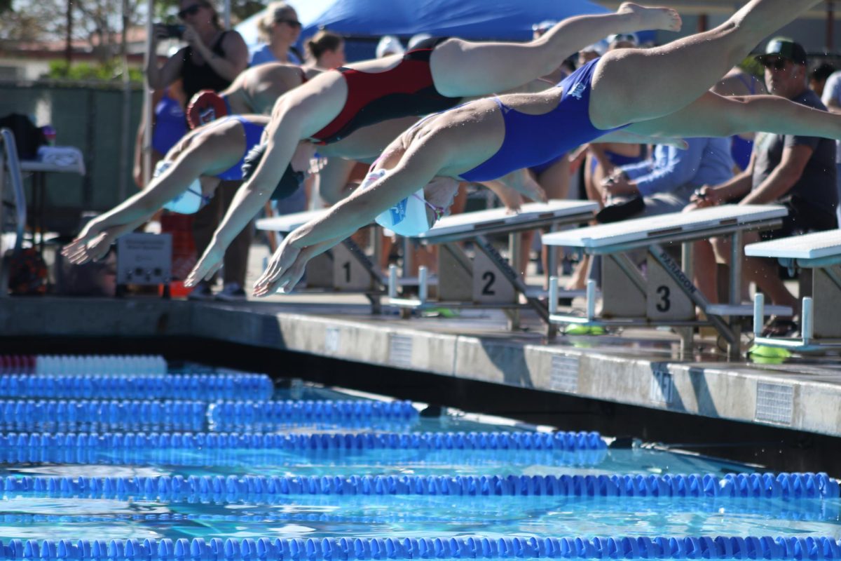 Senior Mako Kashimura dives into the pool at Encinal against Arroyo on Mar. 27, 2026.