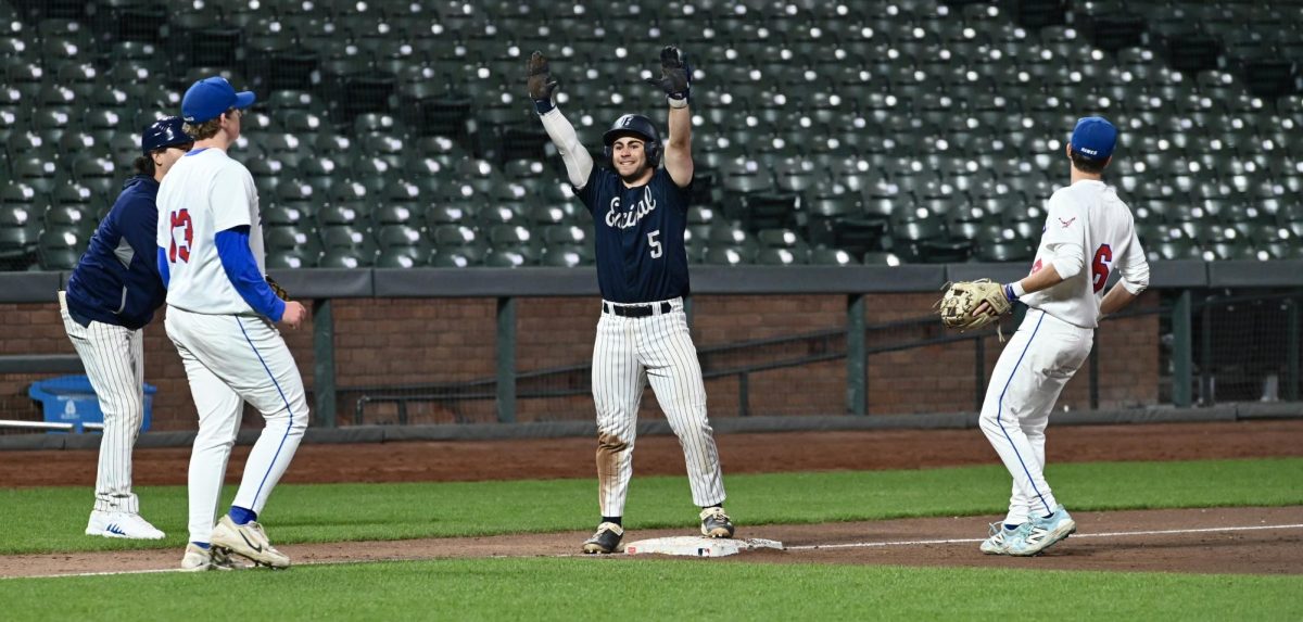 Senior Matan Antebi celebrates after hitting the game-winning triple at Oracle Park on May 2, 2026.