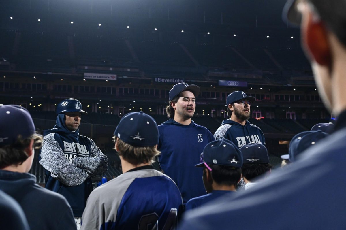 Encinal coach Zach Boyd gives a  post game speech after the Jets 4-2 win.